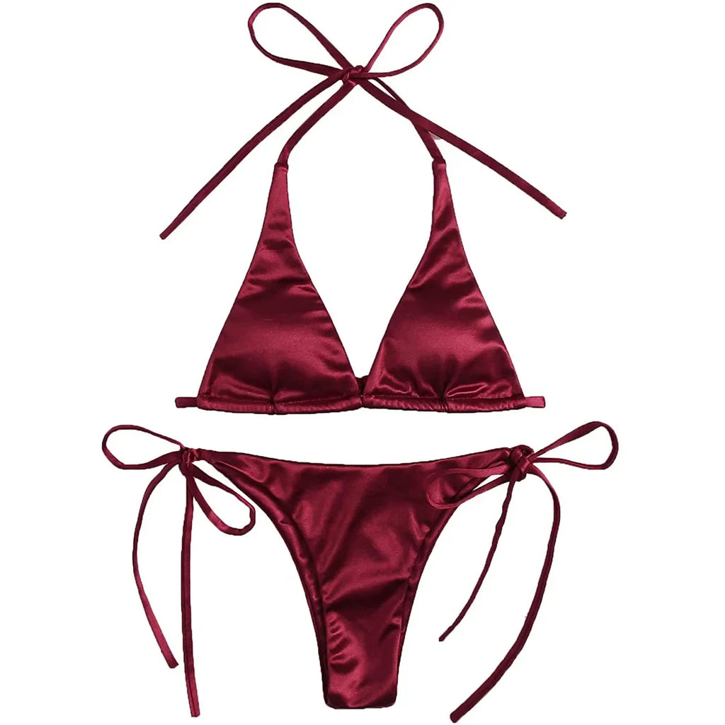 Sexy 13 Colors Halter Satin Brazilian Bikini Women Swimwear Female Swimsuit Two-pieces Bikini set Bather Bathing Suit Swim V4966