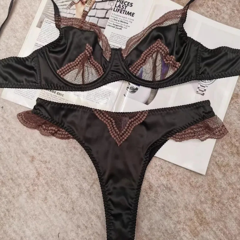 MOYISU Parisian Lingerie Set | Chantilly Lace & Mesh Cutouts | EU 85B Support | Effortless French Slimming Underwire Sexy Bras