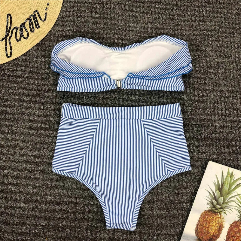 2025 Striped Top Ruffle High Waist Bikini Women Swimwear Female Swimsuit Two-pieces Bikini set Bandeau Bikinis Bathing Suit Swim