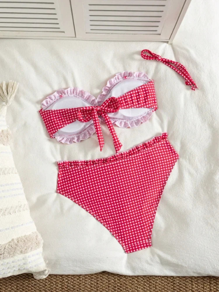 Vintage Coffee Plaid Print Bikini Set Women Bandeau Front Tie Push Up Bra High Waist Swimwear 2026 Beach Bathing Suit Swimsuit