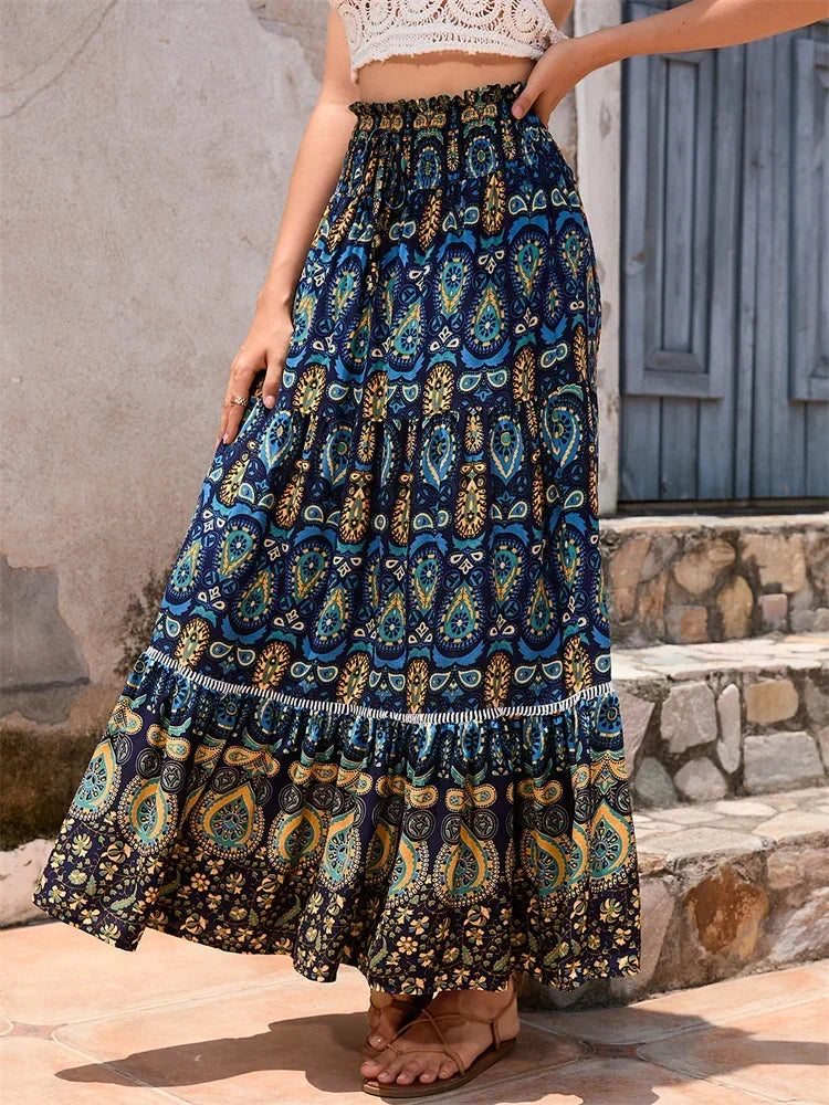 Women's Loose Long Skirt Bohemian Print Elastic Waist Ruffle Flowy Pleated Skirts Summer Beach Party Streetwear