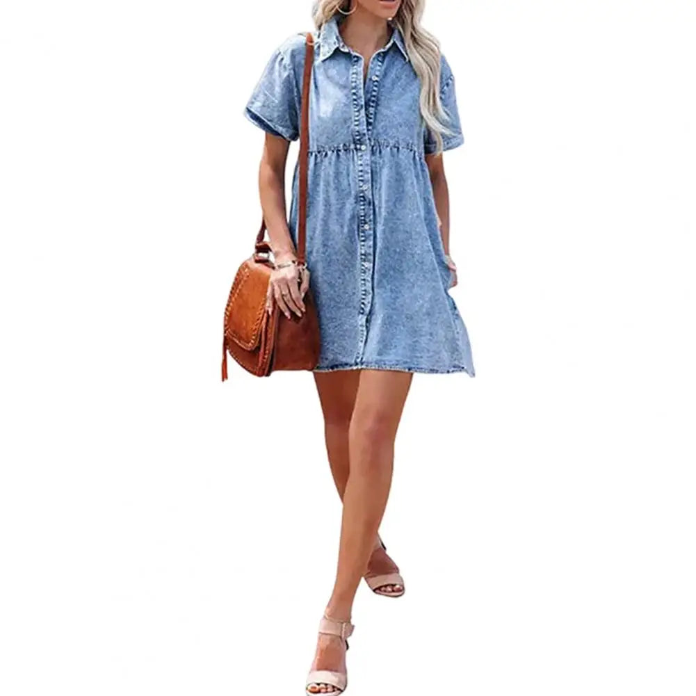 Faux Denim Button-down Mini Dress Women Summer Dress Short Sleeves A-line Lapel Patchwork Dress for Dating Commuting Party