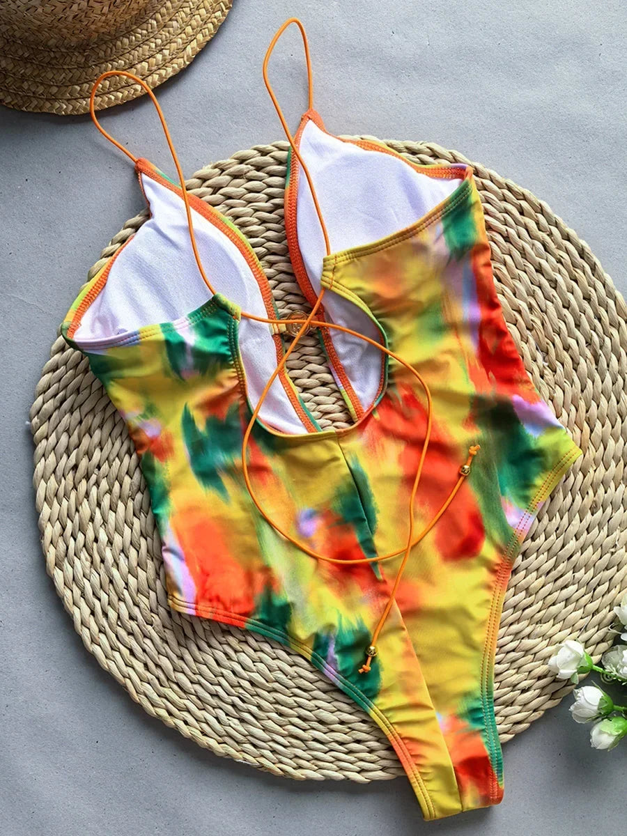Tie Dye Deep V Neck Hollow Out One Piece Swimsuit Women Swimwear Female Backless Monokini High Cut Bather Bathing Suit Swim Lady