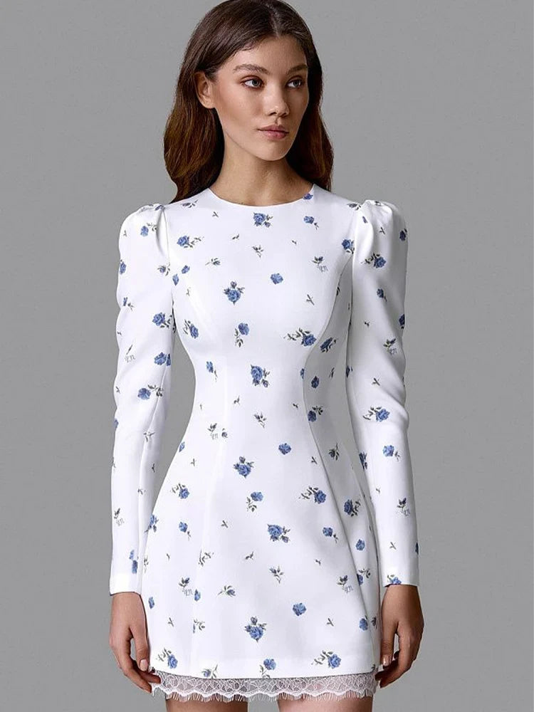 Ahagaga Elegant Women's Mini Dresses Print Heart-shaped Cutout Slim Fit A-Line Regualr Long Sleeves Trend O-Neck Lace Patchwork