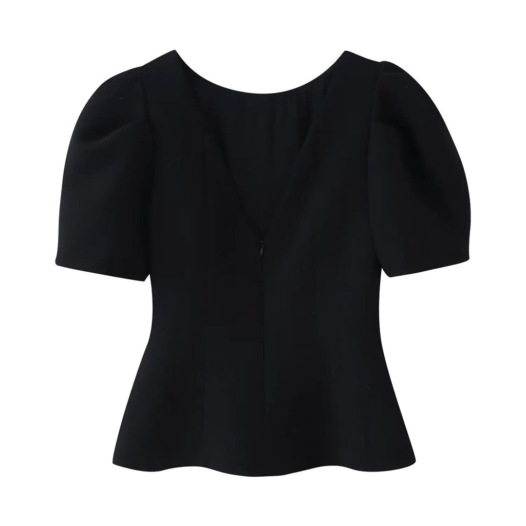Women's Fashion Casual Bowknot Faux Pearl Puff Sleeve Black Puff Sleeve Bow Detail Peplum Waist Short Sleeve Top For Women Q2Y3