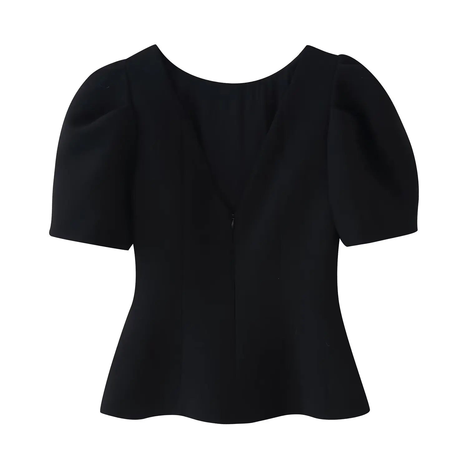 Women's Fashion Casual Bowknot Faux Pearl Puff Sleeve Black Puff Sleeve Bow Detail Peplum Waist Short Sleeve Top For Women Q2Y3
