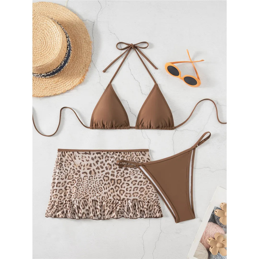 With Leopard Printed Skirt Halter Bikini Female Swimsuit Women Swimwear Three-Pieces Bikini Set Bather Bathing Suit Swim V8325
