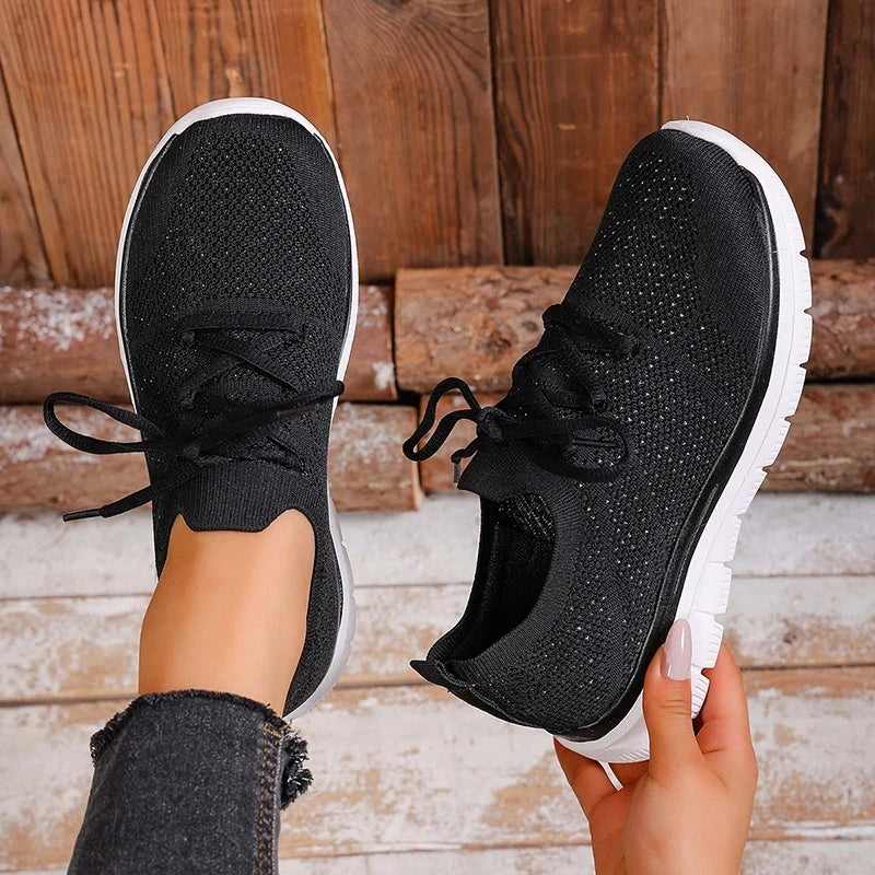 Breathable Mesh Sports Flat Shoes Women Plus Size 43 Slip On Knitted Platform Sneakers Woman Comfortable Soft Sole Running Shoes