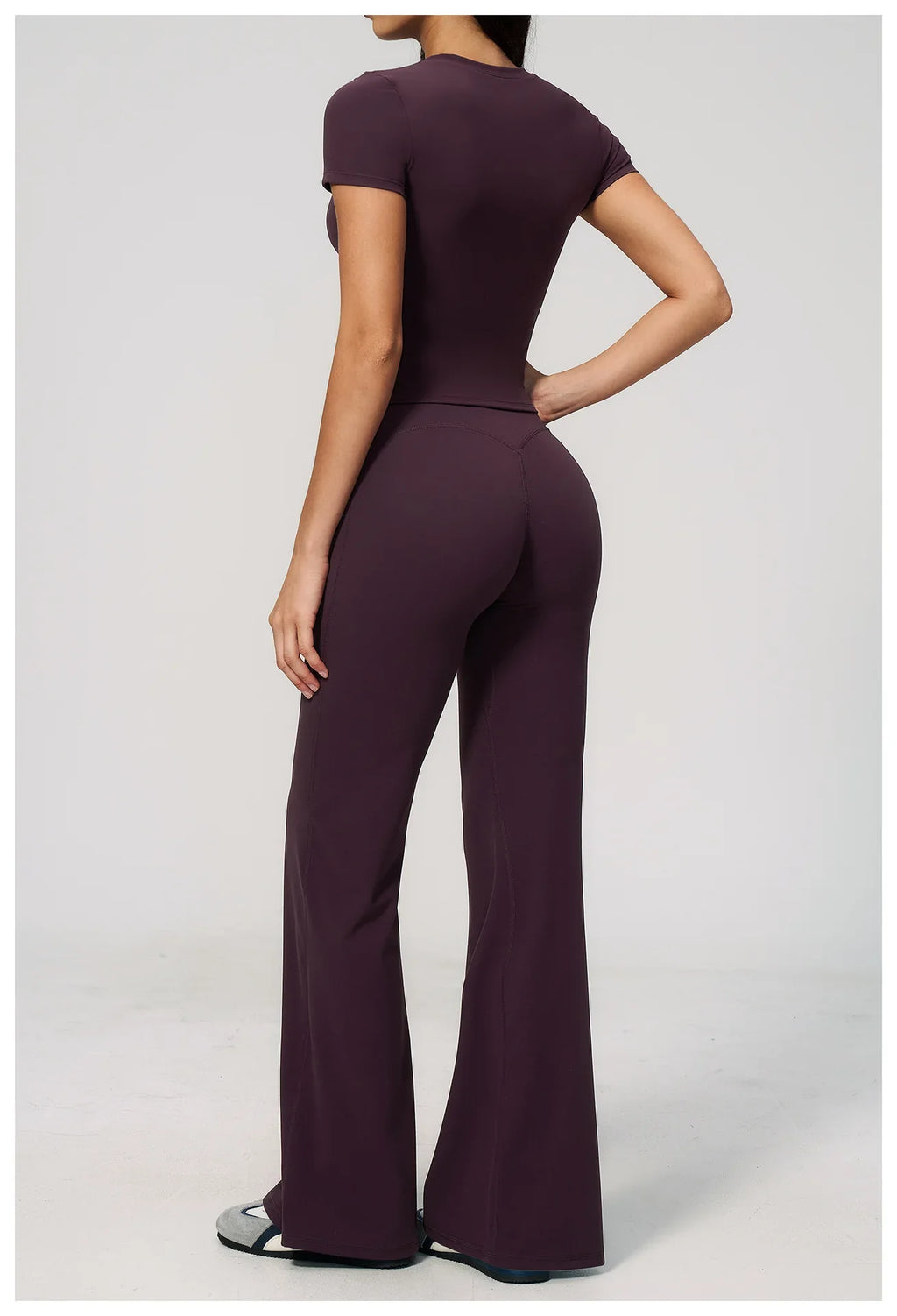 Creamy 2 Pieces Workout Suit Women Yoga Outfits Short Sleeve O Neck Slim Sports T Shirts High Waist Flare Pants Gym Fitness Sets