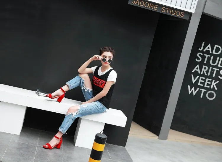 Women Sandals New Summer Fashion Sandals Medium High Heels Outdoor Elegant Wedding Shoes Bridal Plus Size Buckle Strap Sandals