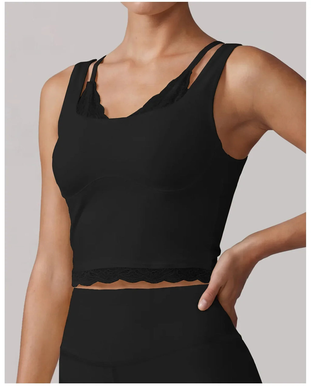 Sexy Fake Two-piece Yoga Tank Top Naked Feel Lace Trim V Neck High Stretch with Bra Pads Gym Running Fitness Dance Tank Top