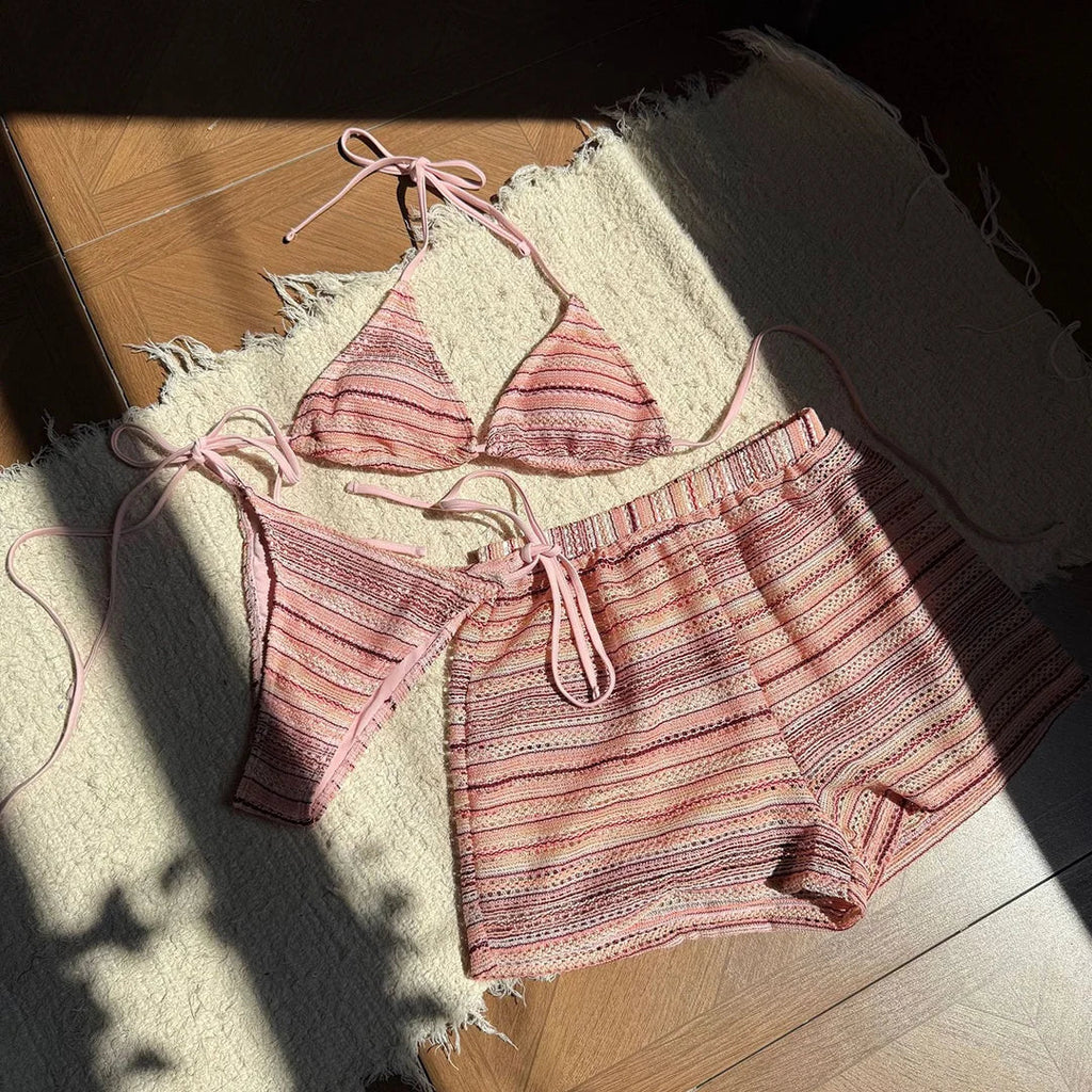 Striped Halter High Cut With Shorts Bikini Three-pieces Bikini set Female Swimsuit Bathing Suit Women Swimwear Bather Swim V6326
