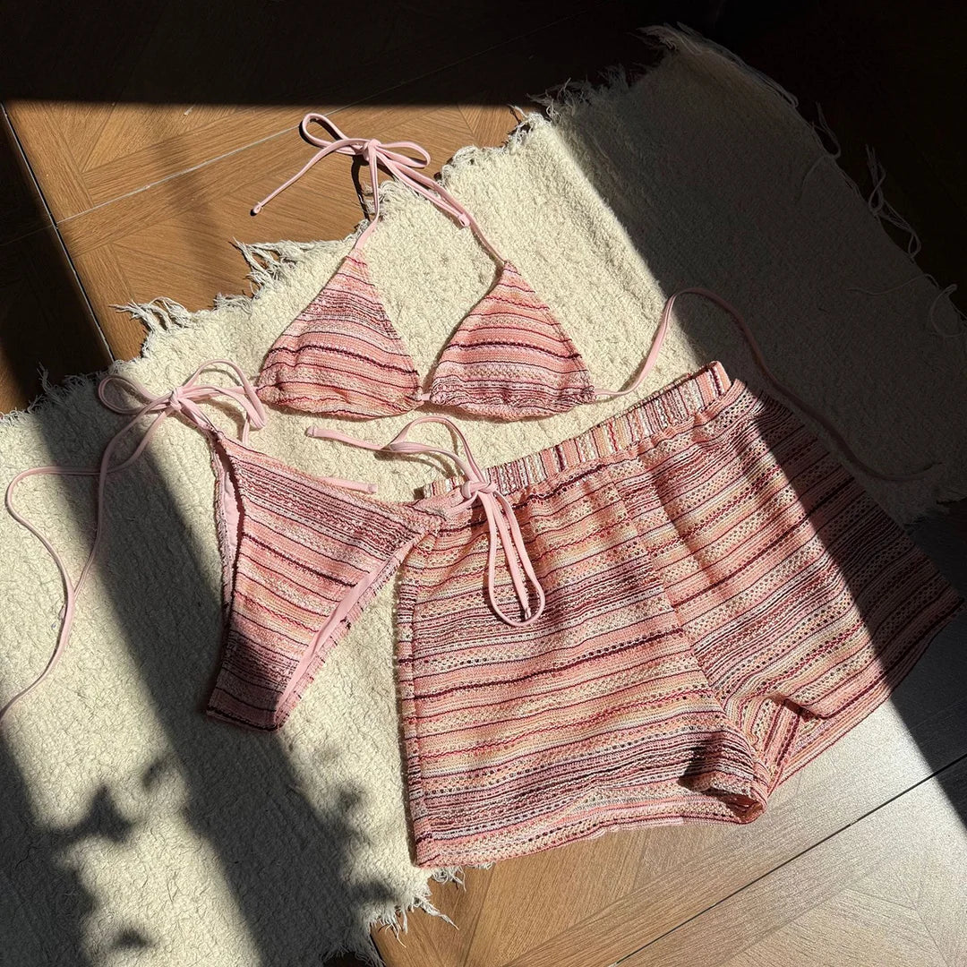 Striped Halter High Cut With Shorts Bikini Three-pieces Bikini set Female Swimsuit Bathing Suit Women Swimwear Bather Swim V6326