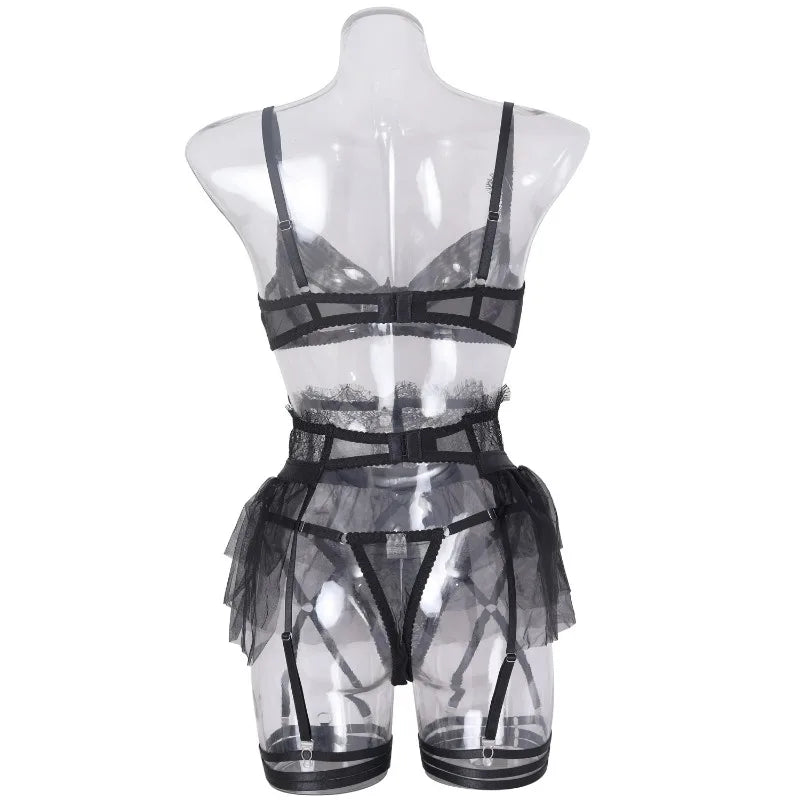 Toucheart 4 Piece Set Sexy Lingerie Set Lace Perspective Bra Women Mesh Patchwork Ruffled Skirt Garter Socks Sexy Underwear Suit