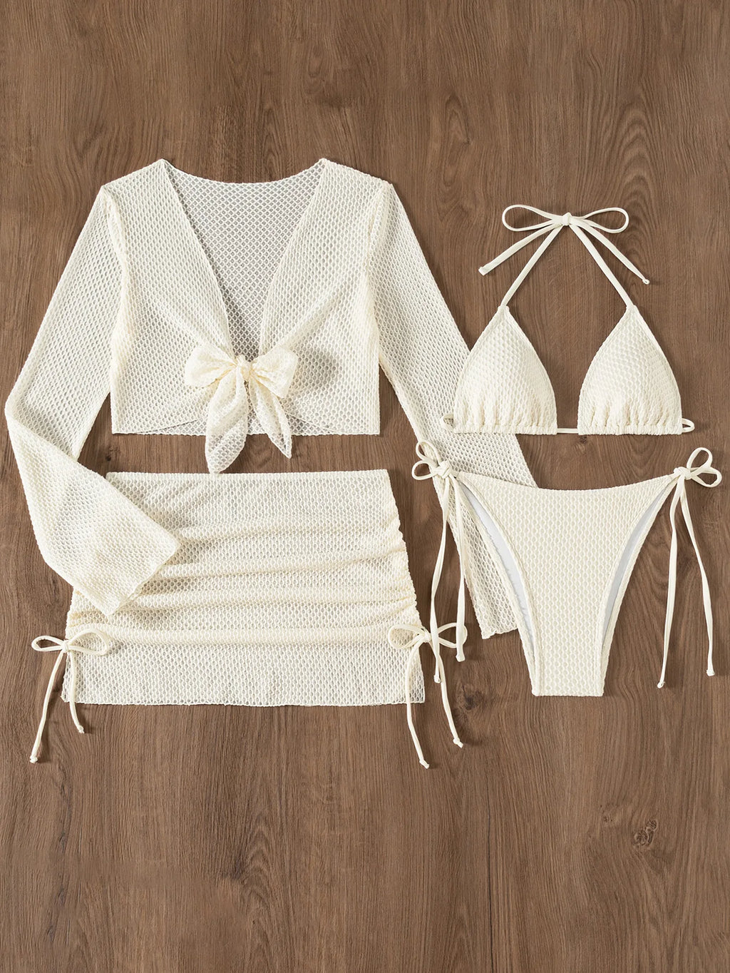 Sexy Mesh White 4 Piece Bikini Set 2025 Women Long Sleeve Cover Up with Skirt Swimsuit Beach Bathing Suit Holiday Thong Swimwear