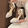Ladies Shoes 2026 New Ankle Strap Women's High Heels Sandals Thick Heel Pumps Women Fashion String Bead Buckle Wedding Shoes