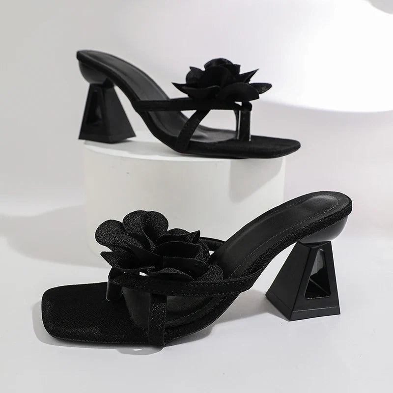 Pink Flower Thick Heeled Sandals Women Elegant Square Toe Party Wedding High Heel Shoes Woman Plus Size 43 Summer Sandalias