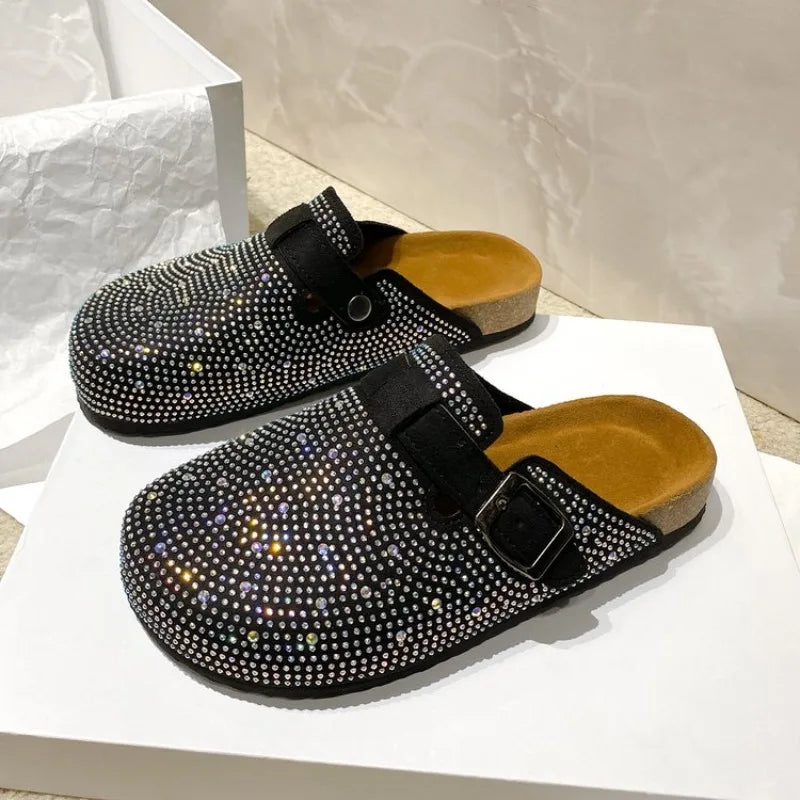 Shiny Rhinestones Outdoor Slippers Women's Shoes 2026 Summer Trend Luxury Platform Sandals Black Buckle Cork Clog Luxury Mules