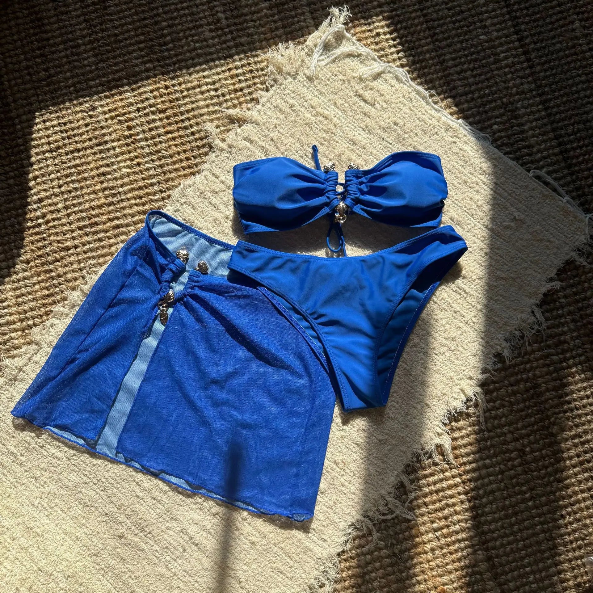 With Mesh Skirt Bandeau Bikini Women Swimwear Female Swimsuit Three-pieces Bikini Set Metal Ring Bathing Suit Swim Beachwear