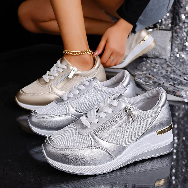 Fashion Thick Bottom Silver Sneakers Women 2025 Spring Wedge Heel Vulcanized Shoes Woman Comfortable Lace Up Sport Sneaker Mujer