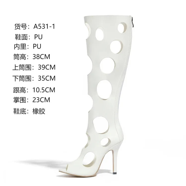 Big Size 43 Sexy Black Hollow Out Summer Boots Women White Thin High Heels Knee High Boots Stiletto Zip-up Peep Toe Party Shoes