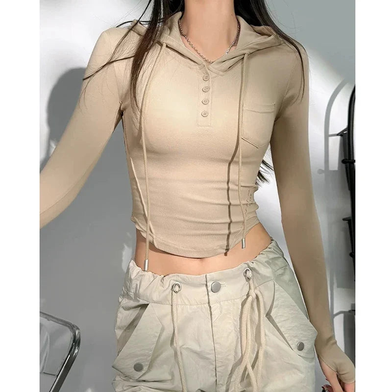 Women's Slim Fit Long Sleeve Hooded Yoga Sports Top Korean Casual Thread Sportswear Active Lifestyle Comfortable Gym Workout Top