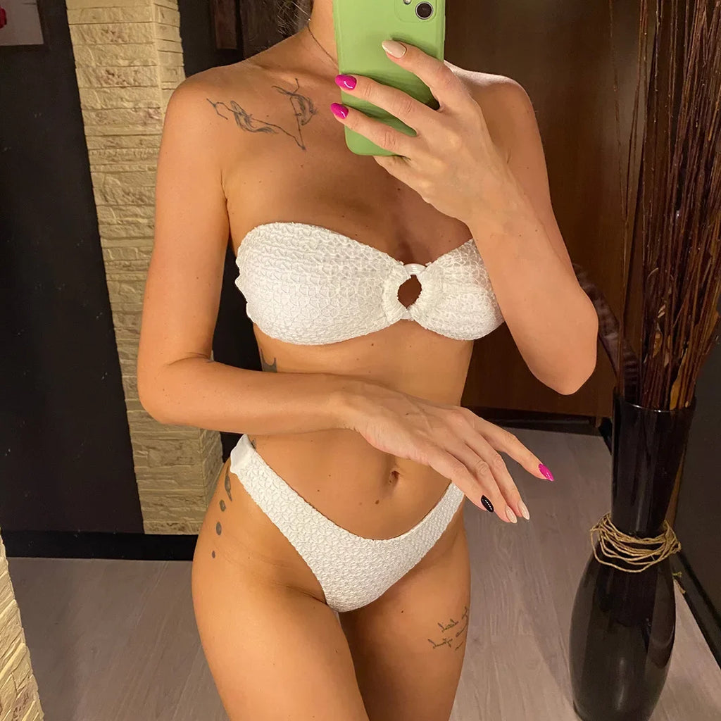 Sexy Wrinkled Bandeau Strapless Bikini Women Swimwear Female Swimsuit Two-Pieces Bikini Set Bather Bathing Suit Swim Lady V3367L
