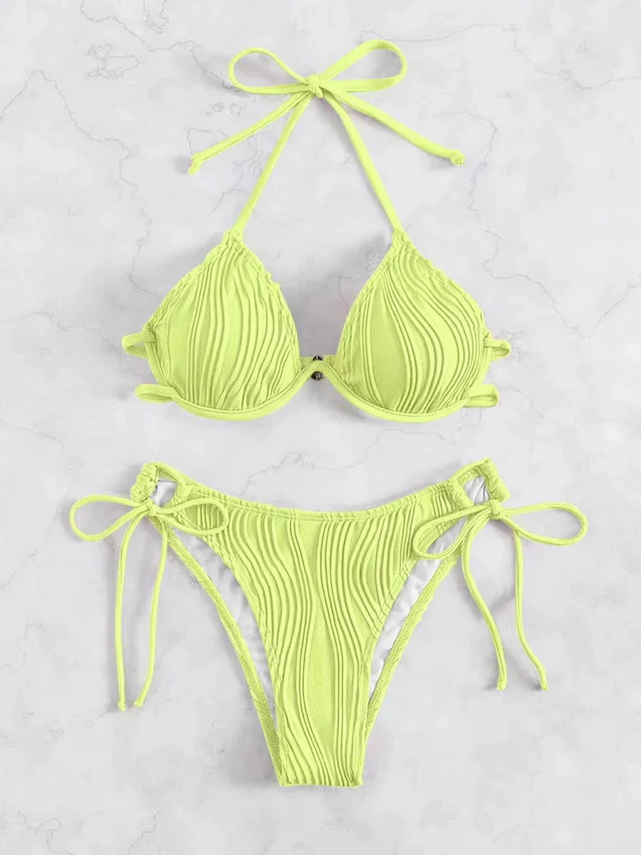 2026 Halter String Bikini Solid Push Up Swimsuit Women Sexy Swimwear Female Bathers Bathing Swimming Swim Suit Beachwear