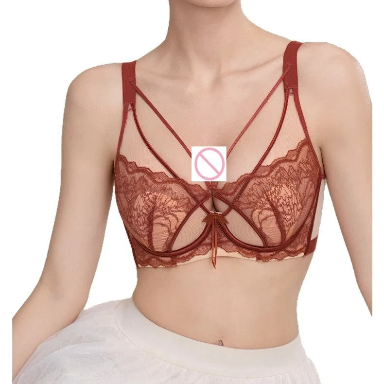 Women's French Pure Desire Lace Lingerie Set - Rabbit Ear Cup Thin Push Up Bra Minimizer for Large Bust