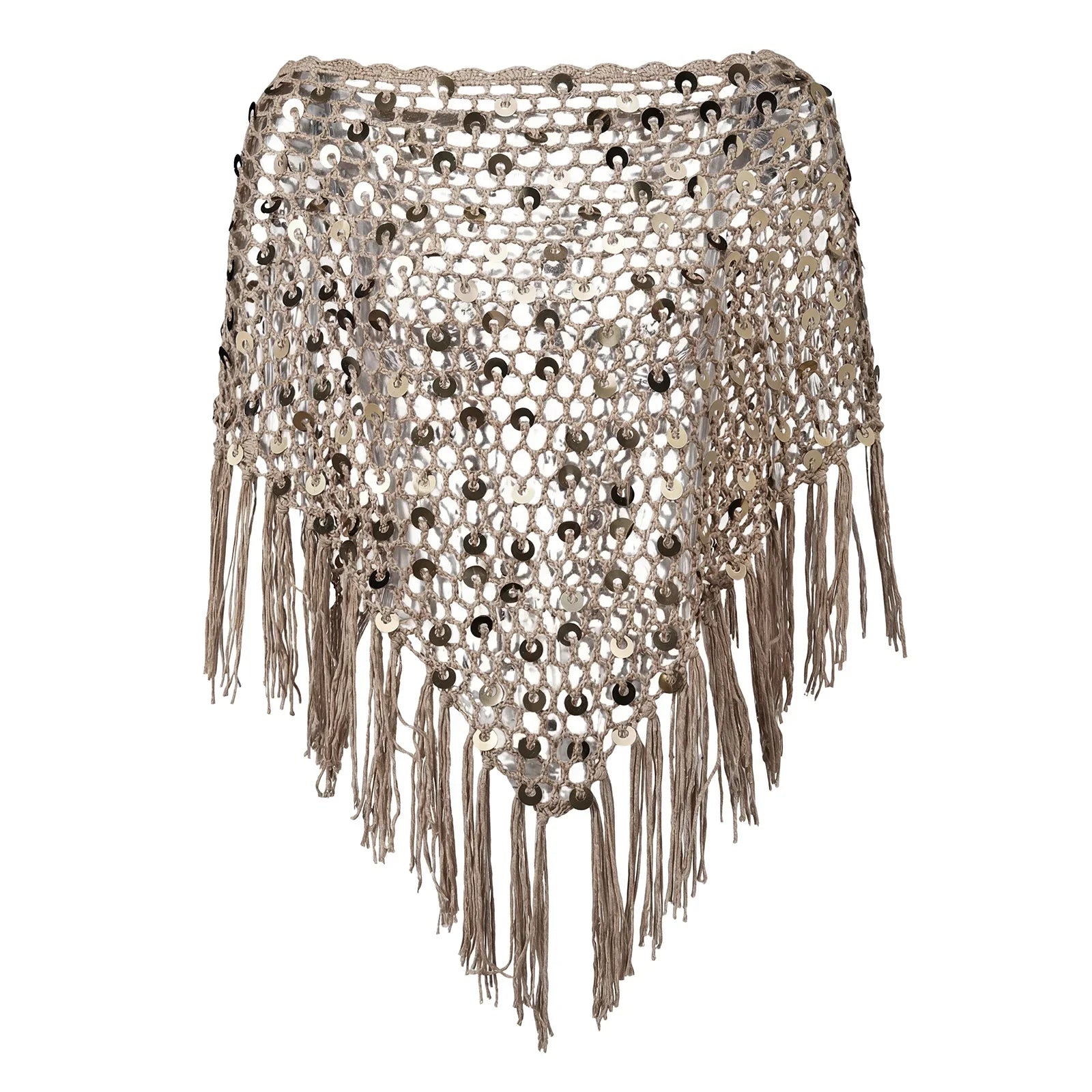 2026 New Women's Tassel Knit Cover-ups Tops Sparkly Sequin Hollow Out Crochet Shrug Shawl Poncho Loose Fit Casual Beach Wear