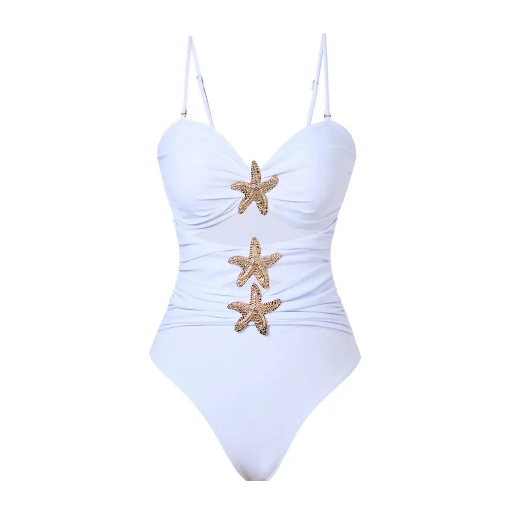 Vintage White Khaki Patchwork Swimwear Women 2026 Starfish Ornament Hollow Pleate One Piece Swimsuit Beach Bathing Suit Monokini
