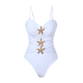 Vintage White Khaki Patchwork Swimwear Women 2026 Starfish Ornament Hollow Pleate One Piece Swimsuit Beach Bathing Suit Monokini