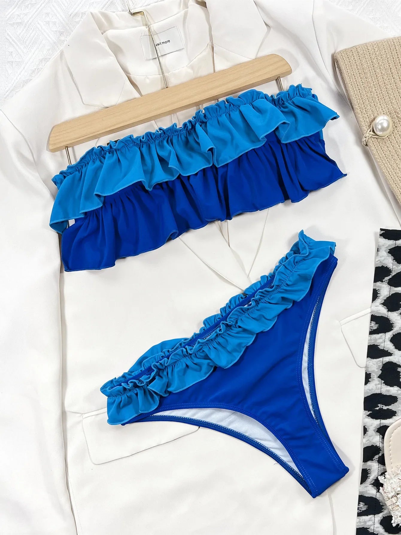 Ruffle Block Color Bikini Set Women 2026 Sexy Strapless Off-Shoulder Swimsuit Sexy High Waist Backless Bathing Suit Beachwear