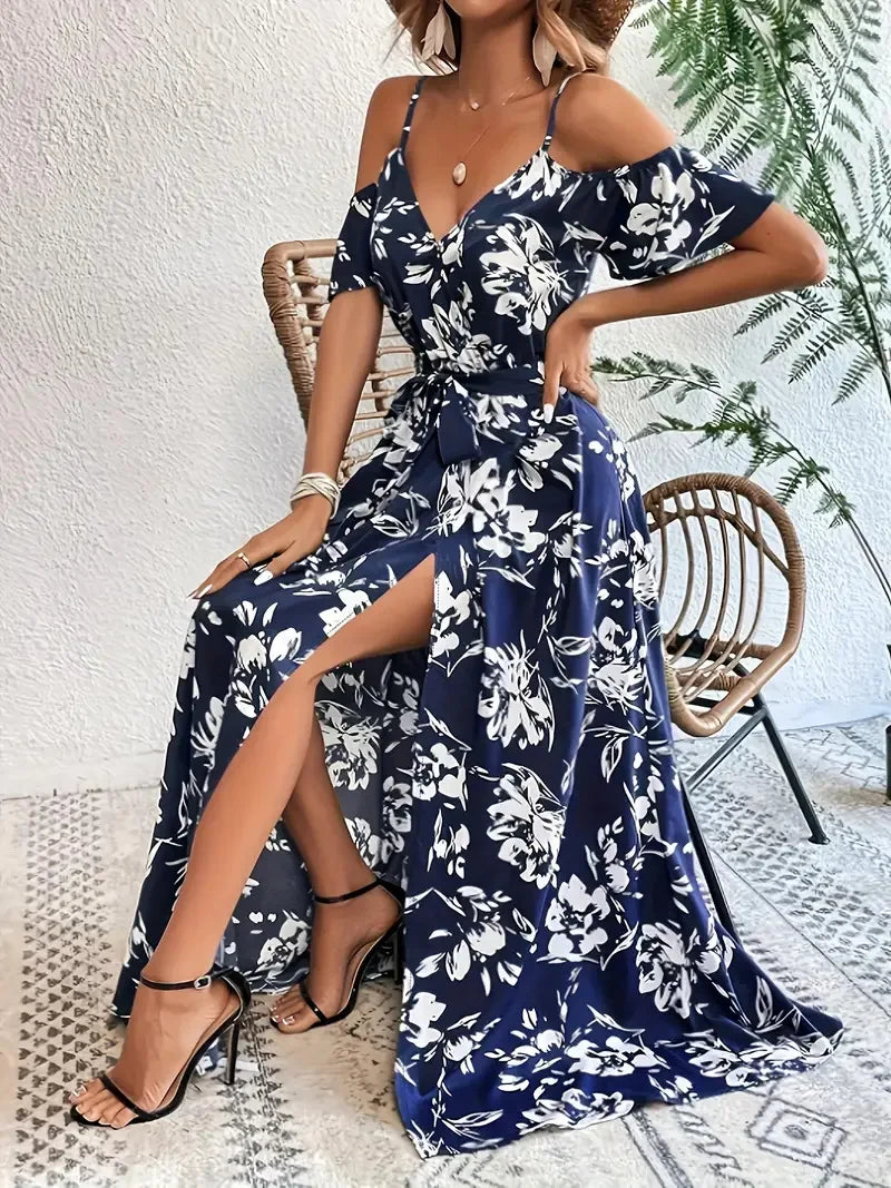 New Summer Women Print Dress 2025 Fashion Elegant  Vacation Party Short Sleeve Slim V-neck Slit Long Dresses Vestidos Para Mujer