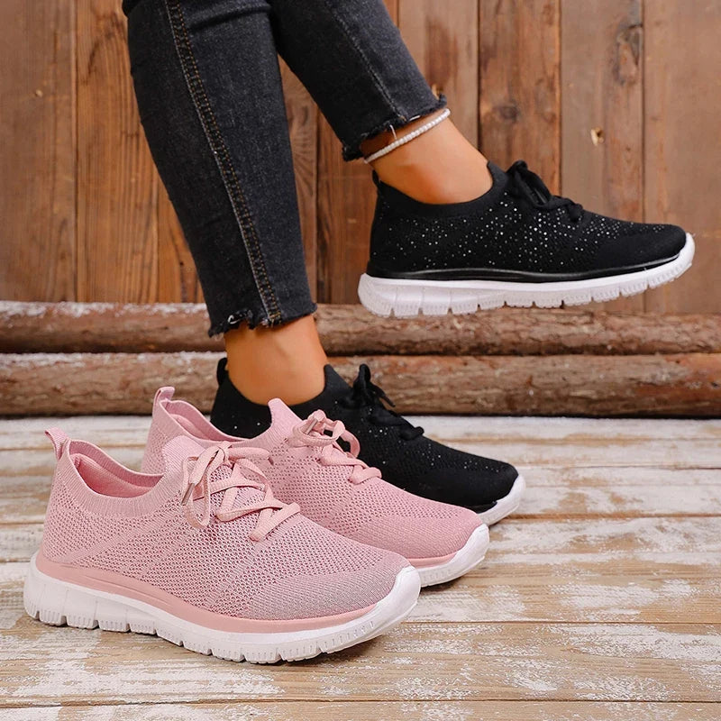 Breathable Mesh Sports Flat Shoes Women Plus Size 43 Slip On Knitted Platform Sneakers Woman Comfortable Soft Sole Running Shoes