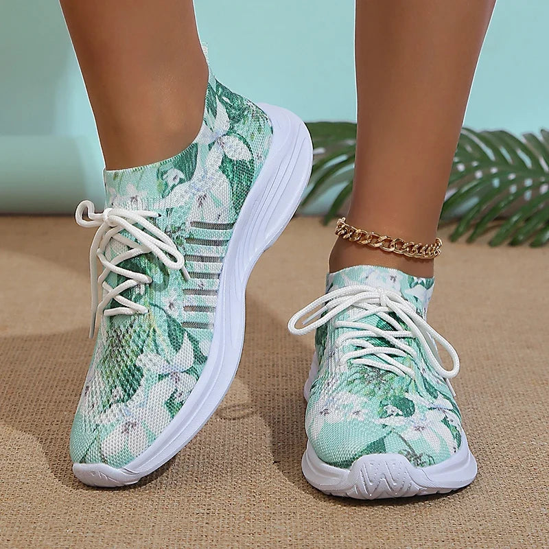 Fashion Printed Breathable Sneakers Women Thick Bottom Knitted Walking Shoes Woman Hollow Out Slip On Sports Shoes Female 35-43