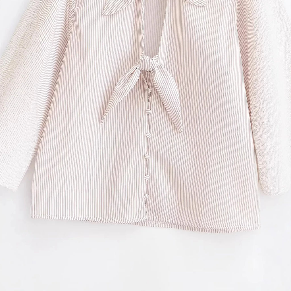 Women's Fashion Casual Bow Striped Shirt Striped Double Bow Tie Neck Button Down Blouse Sleeve Casual Shirt For Daily Wear WON6