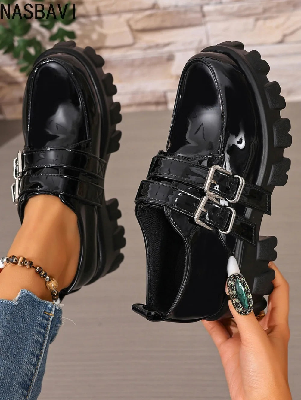 Platform Women's Punk High Heels Loafers Shoes Big Size 45 46 47 Buckle Black Thick Sole Heeled Punk Shoes Ladies 2026 Spring