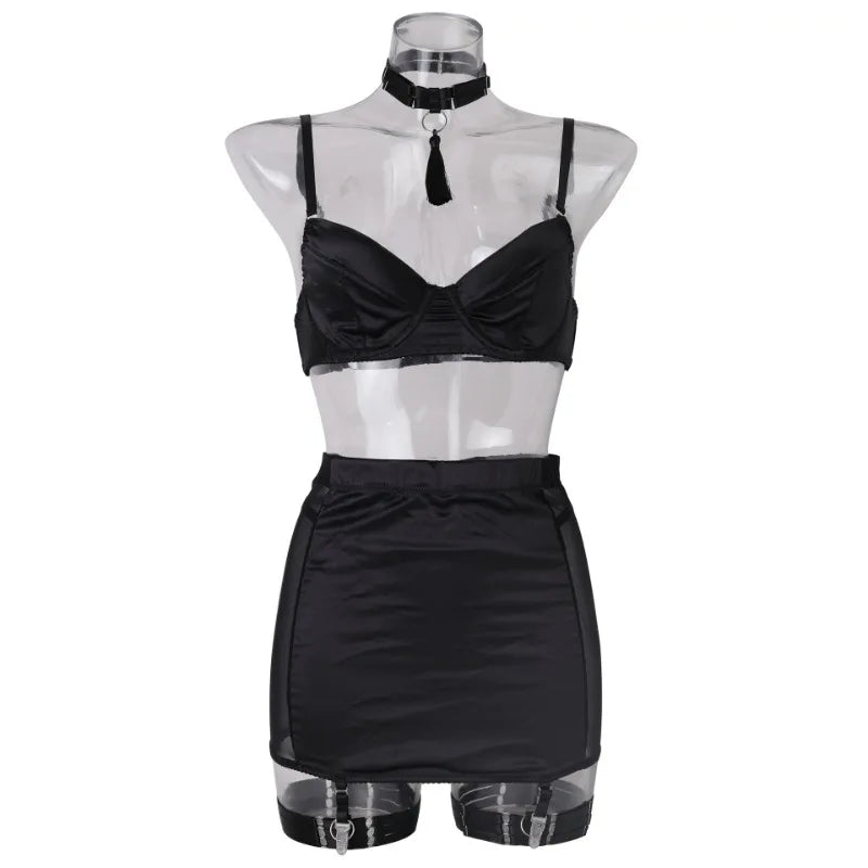 Toucheart Sexy Underwear Set Satin Spliced Mesh See-through Hip-covering Tassel Women's Solid Color 5-piece Sexy Lingerie Set