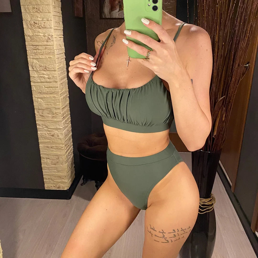 New Sexy Wrinkled Padded Female Swimsuit High Waist Bikini Women Swimwear Two-pieces Bikini Set Bather Bathing Suit Swim V3191