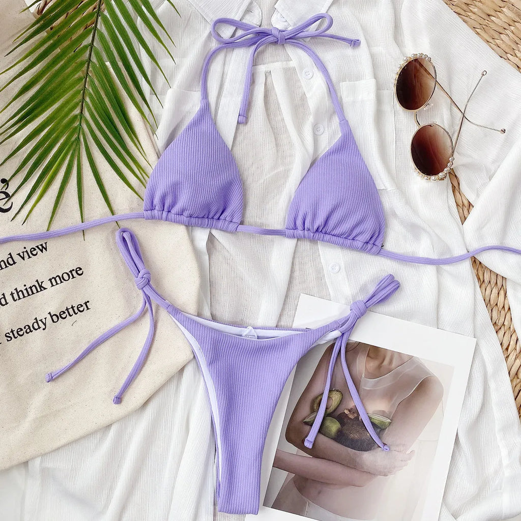 5 Colors Sexy Bikini Women Solid Swimwear Swimsuit Triangle Halter Pit Striped Bikinis Set Bathing Suit Female Banadores Mujer