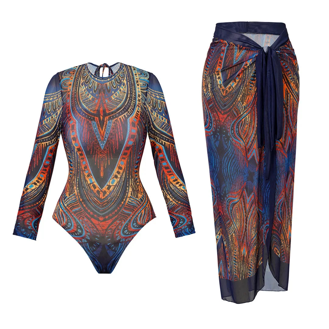 XS - XXL Printed Long Sleeve With Sarong Women Swimwear One Piece Swimsuit Female High Leg Cut Bather Bathing Suit Swim V7136