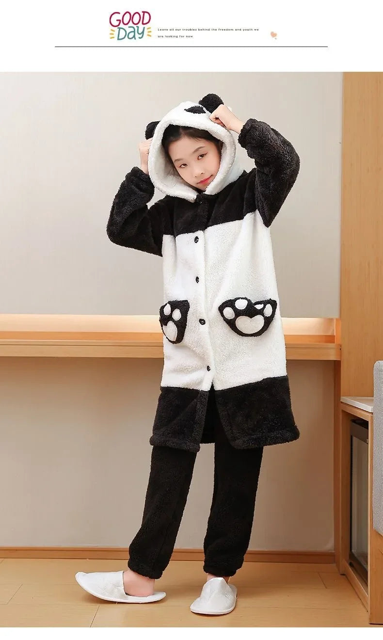 Cartoon Panda Plush Pajamas Robes Anime Adult Nightgown Winter Long Sleeve Night Dress Halloween Party Comfy Kawaii Girl Slipper
