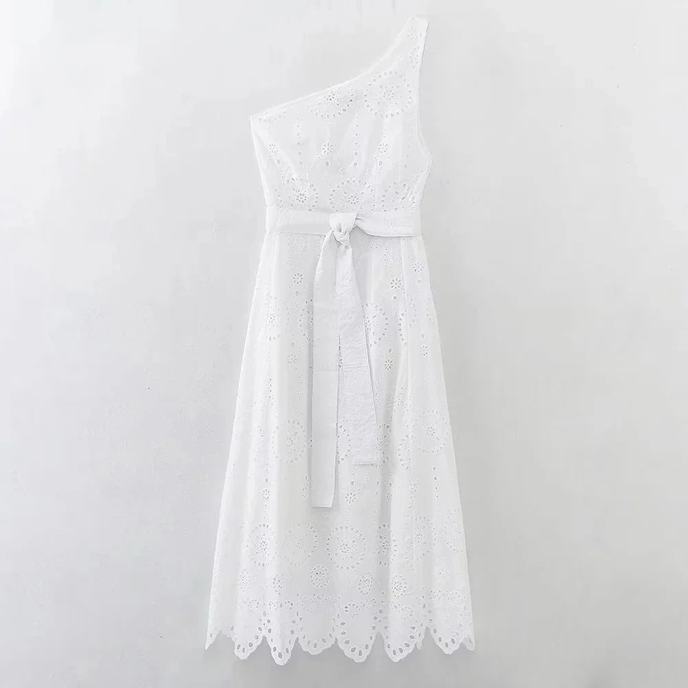 Foridol White One Shoulder Autumn Cotton Dress Women Winter Casual Dress Vestidos Maxi New Embroidery Boho Beach Dress Holiday