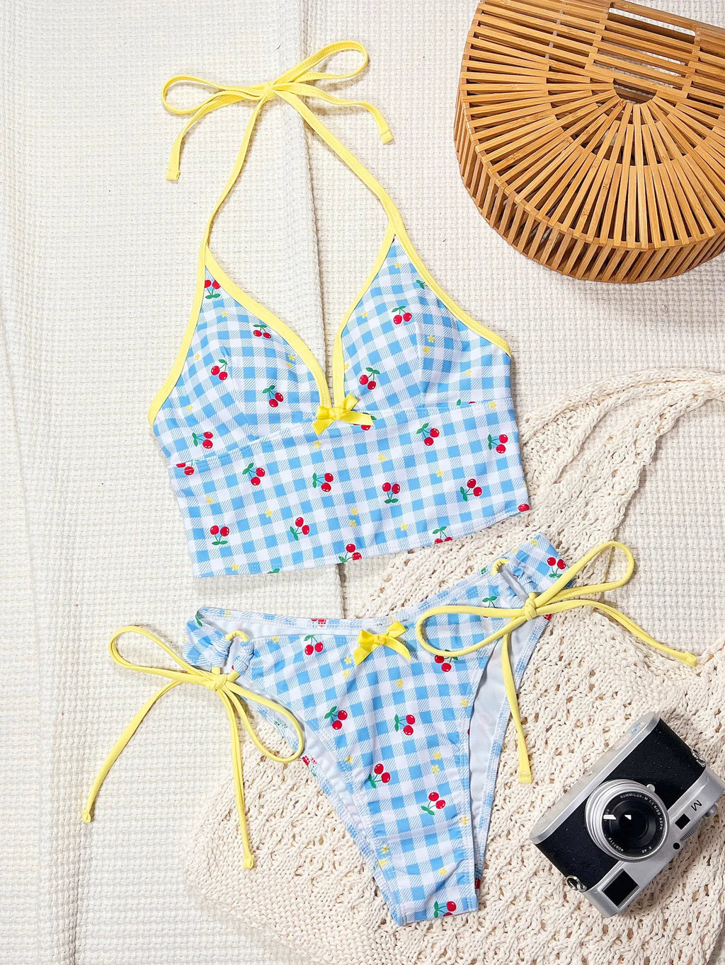 Y2k Style Women's Cherry Print Swimsuit Bow Decor Cute Swimwear Sexy V Neck Backless Lace-up Bathing Suit Beachwear Holiday Look