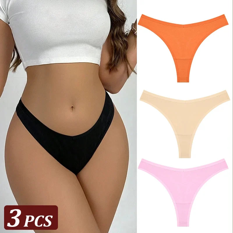 3PCS Seamless Thong Cotton Women Thin Strap Low Waist High Flexibility Panties Sexy Underwear Ladies Briefs T-back Soft Women