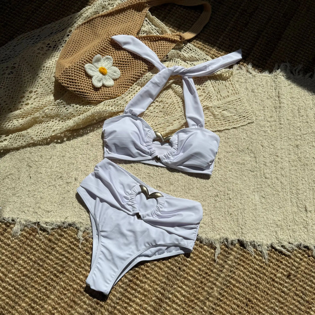 Vintage Black White Bikini Set 2025 Women Metal Heart Ornament Push Up Pleate High Wist Swimsuit Bathing Suit Holiday Swimwear
