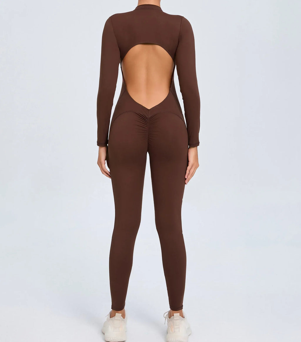Hearuisavy Summer V Back Sports Jumpsuit Yoga Clothes Rompers Women Long Sleeveles Workout Bodysuits Backless One-piece Suit