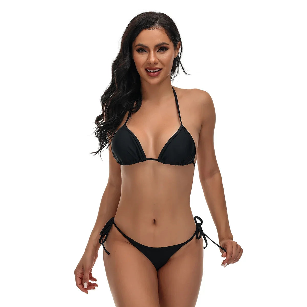 Black Sexy Bikini Split Swimsuit Set Tie-Up Neck Adjustable Straps Beachwear for Women