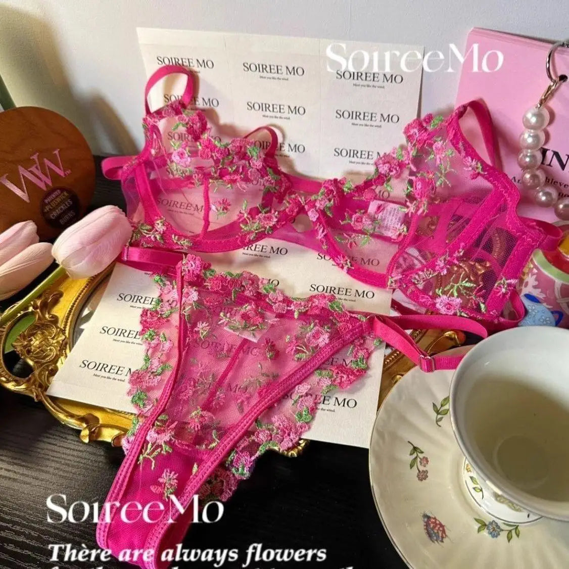 French Floral Lace Bra Set Push Up Underwire Large Bust Sheer Mesh See Through Sexy Bra Embroidery Demi Cup Lingerie Set MOYISU